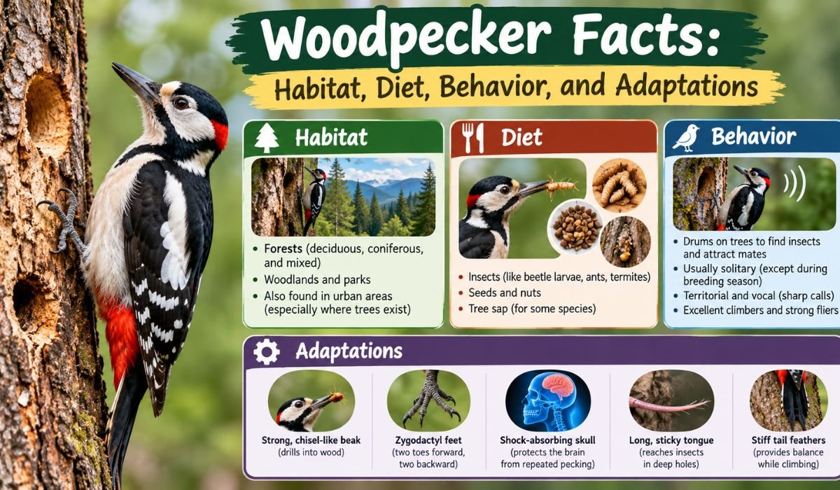 Woodpecker Facts: Habitat, Diet, Behavior, and Adaptations